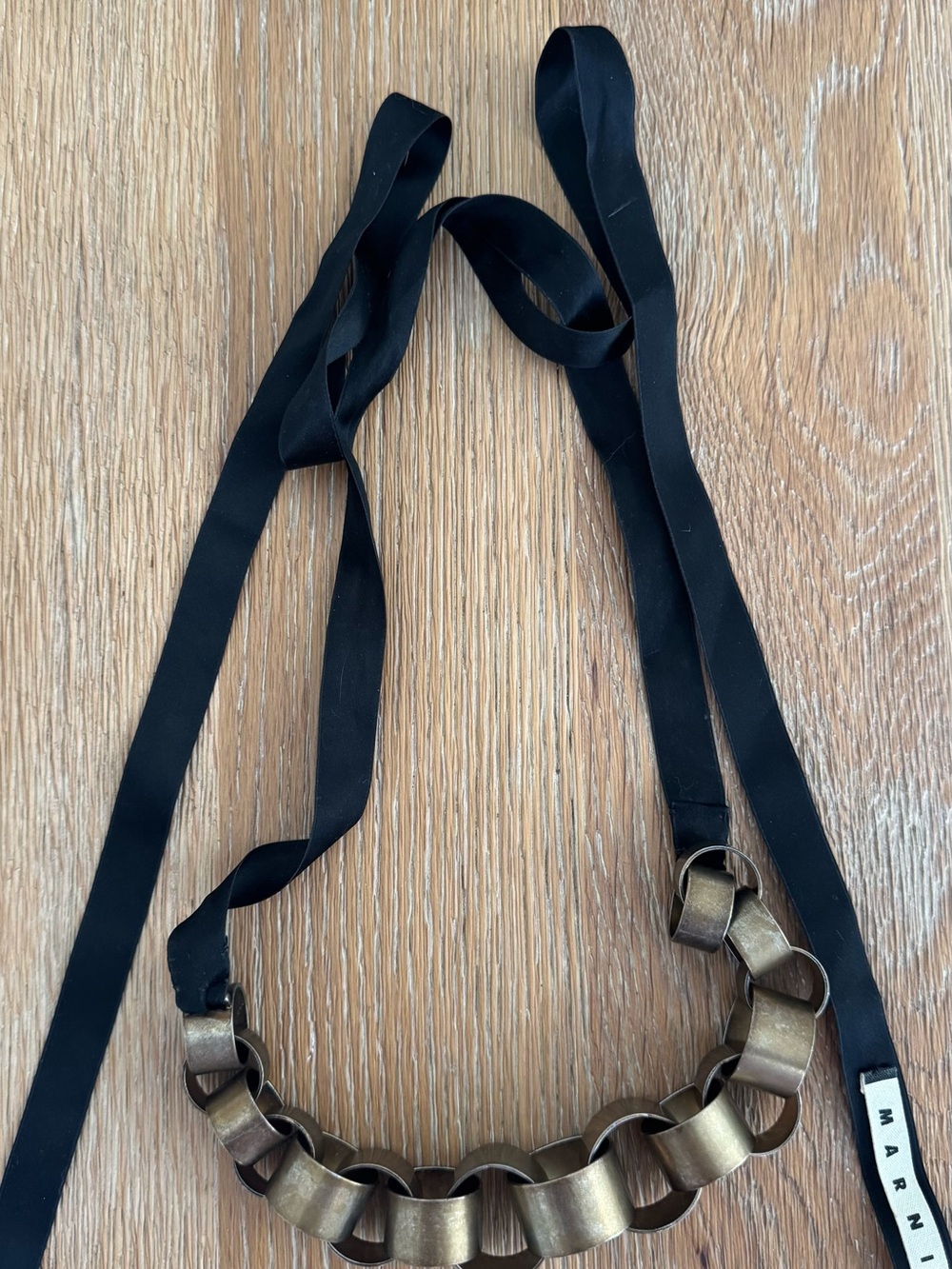 Marni Brass-Link Necklace with Black Ribbon